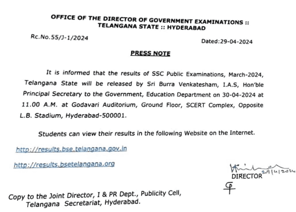 TS SSC 10th Results 2024